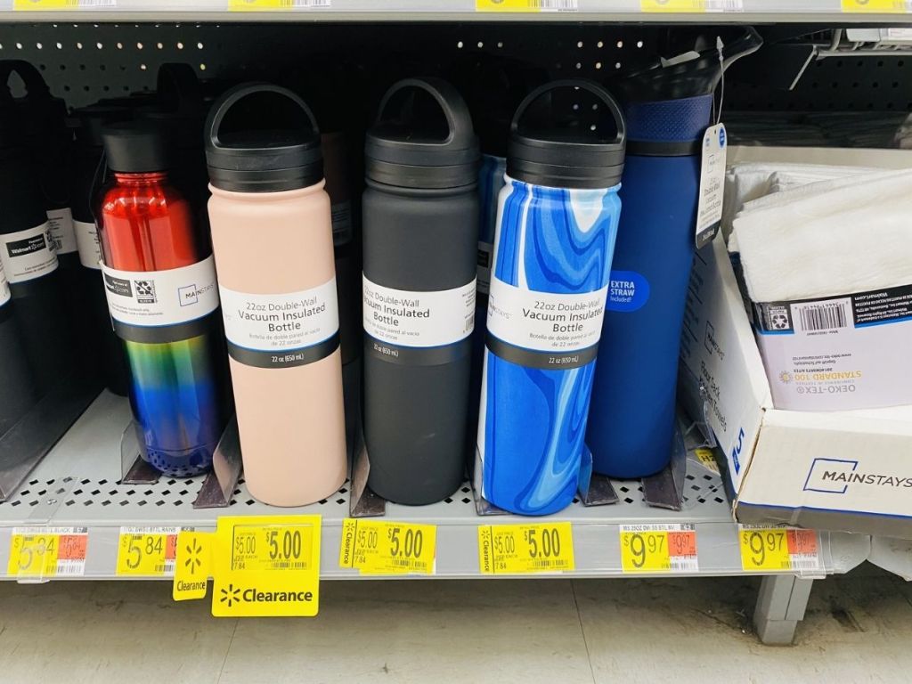 Pink, black and blue mainstays water bottles