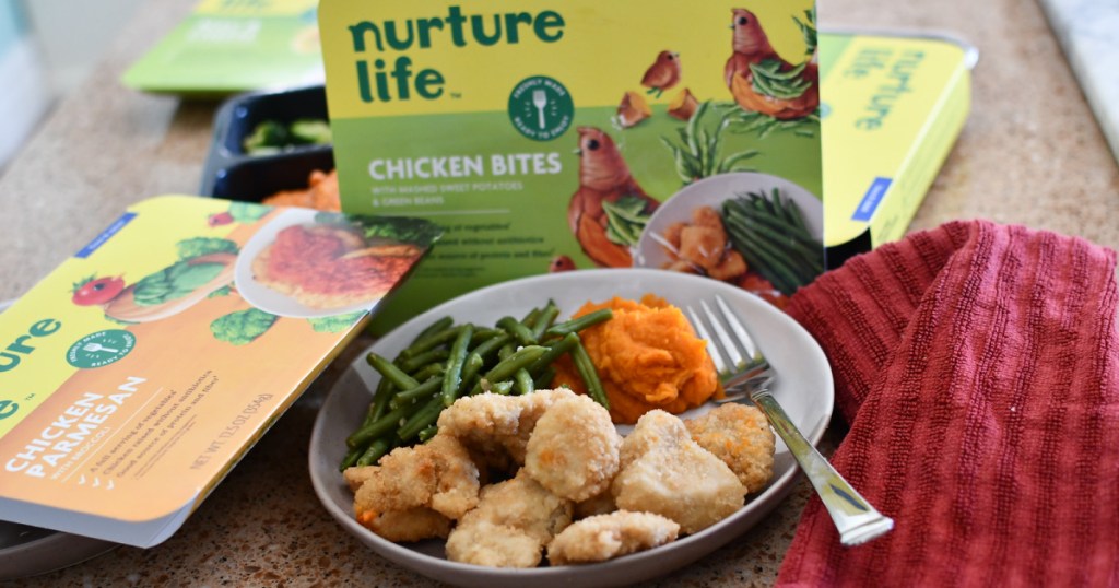 nurture life chicken bites packaging and plated meal