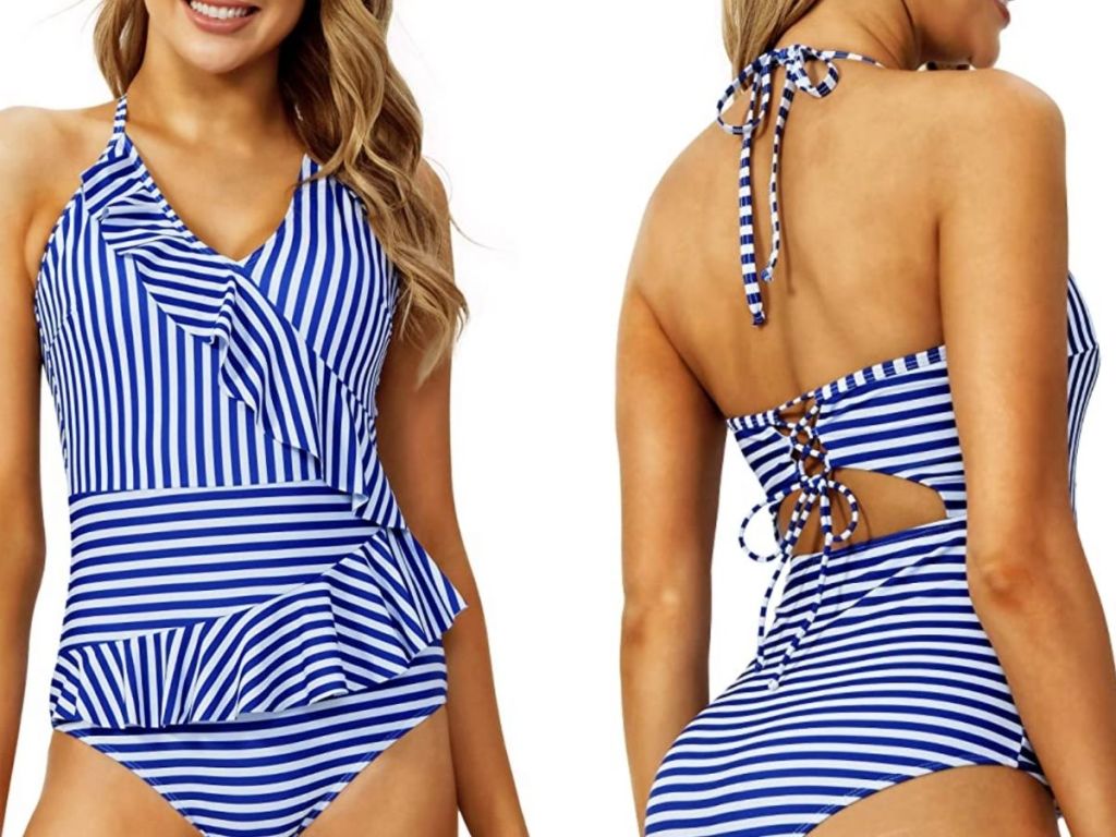 front and back views of white and blue striped swimsuit