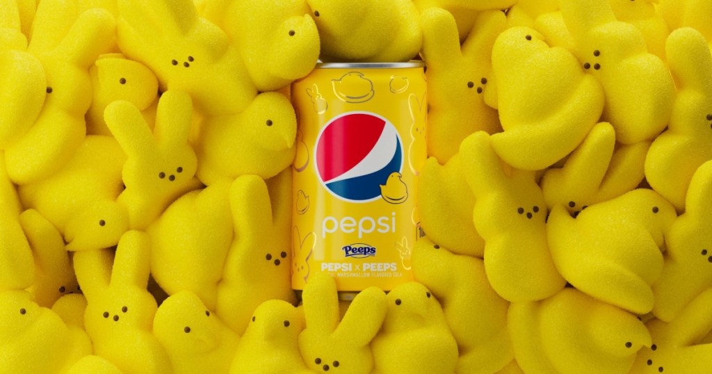 yellow can of Marshmallow Pepsi among Peeps