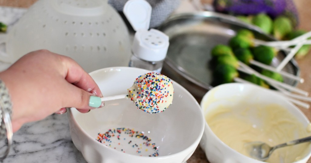 putting sprinkles on brussels sprouts cake pops