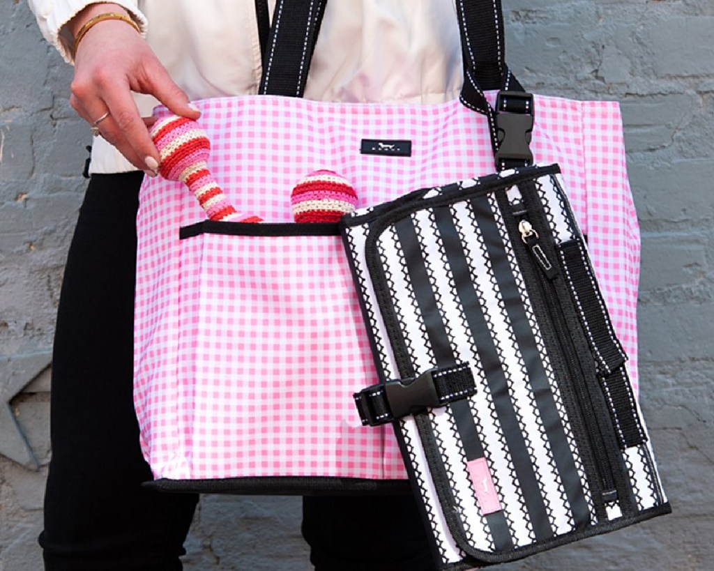 scout diaper bag and changing pad combo pink and black and white stripe