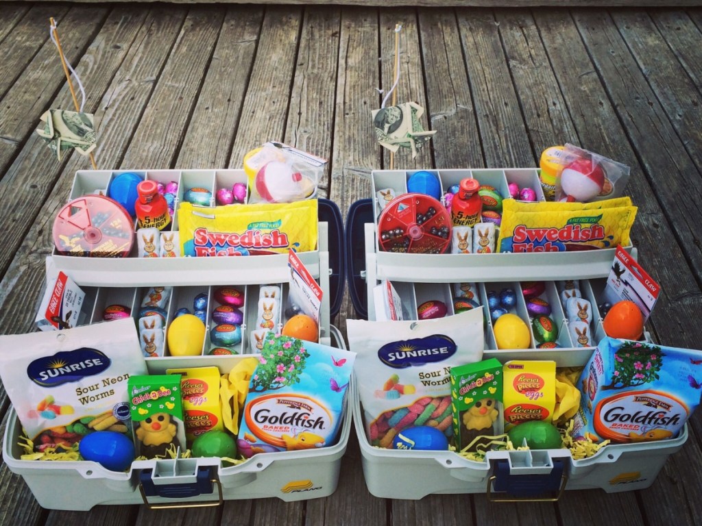two Easter baskets made from tackle boxes