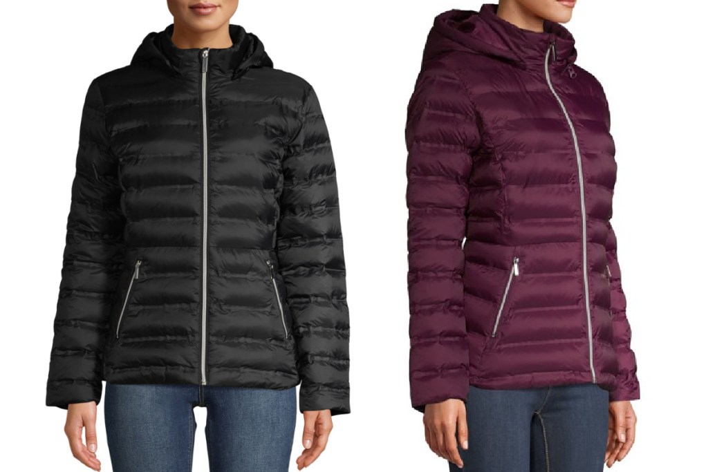 time and tru womens puffer black and maroon