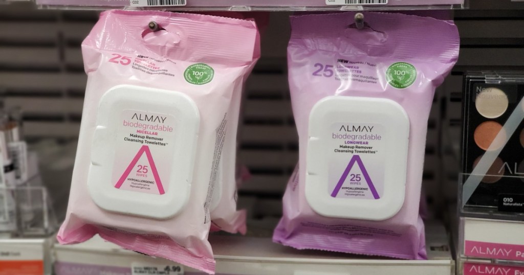 packs of almay makeup remover wipes on display in store