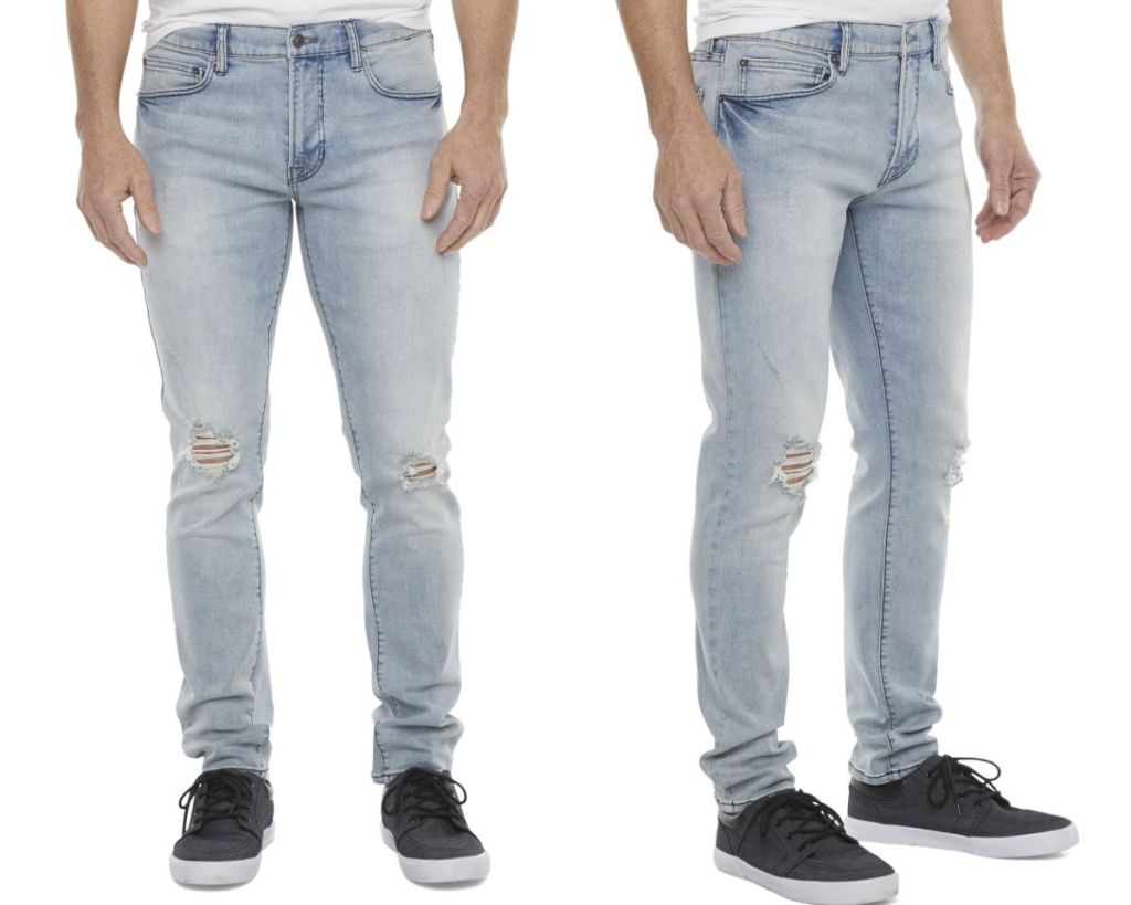 2 views of guy wearing Arizona Advance Flex 360 Men's Skinny Fit Jeans 