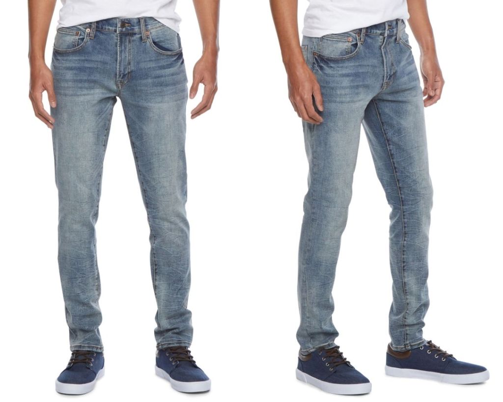 2 views of guy wearing Arizona Men's Advance Flex 360 Slim Fit Jeans
