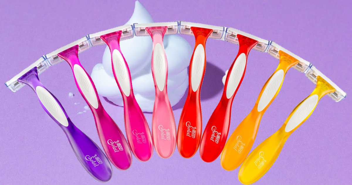 colorful disposable razors in an arc design superimposed over a dollop of shaving cream and a purple background