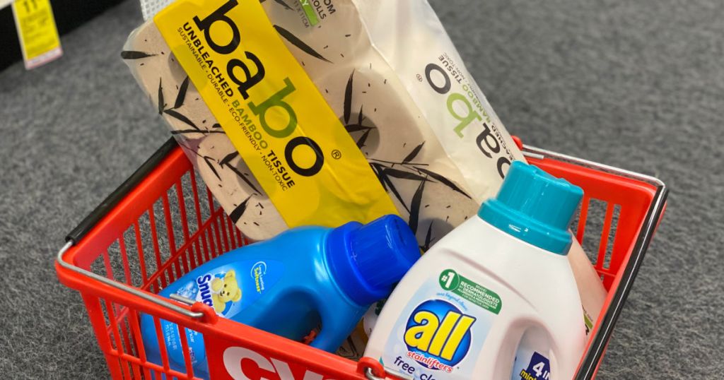 bath tissue and laundry detergent in basket
