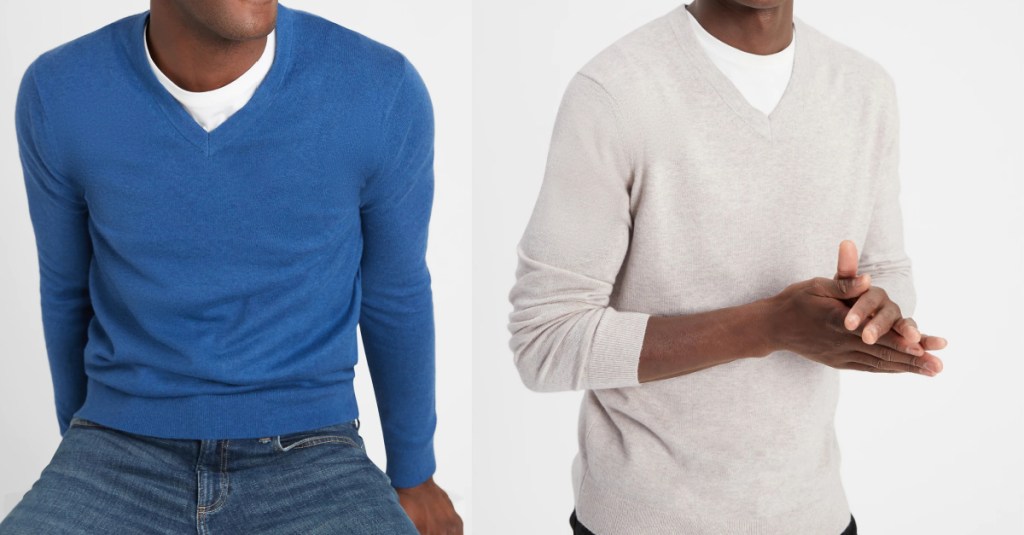 Two men wearing sweaters in different colors