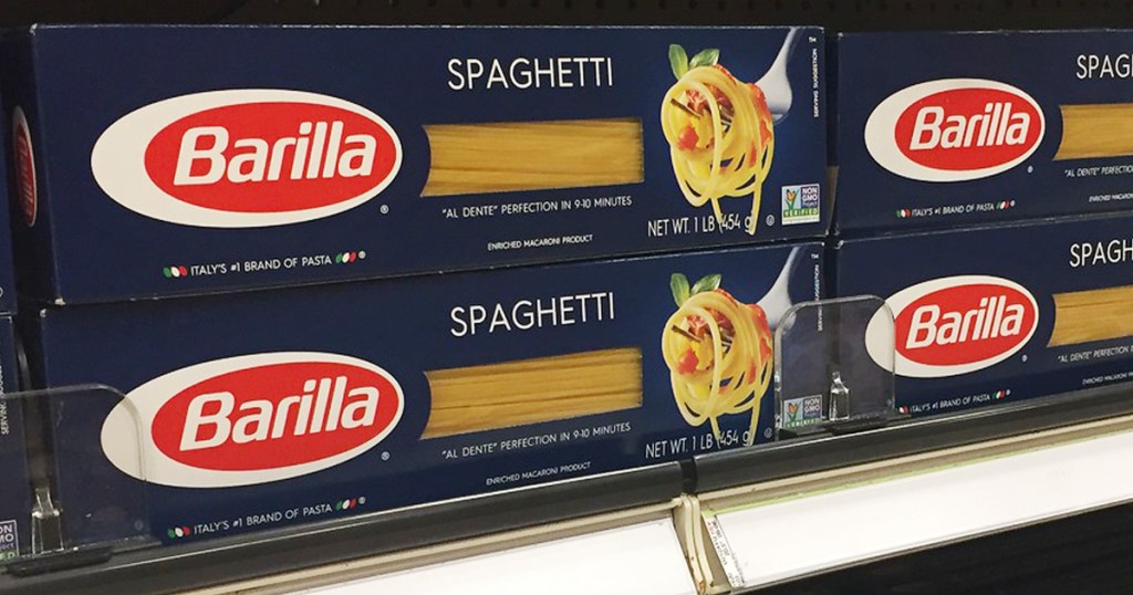 Barilla Spaghetti boxes on a shelf