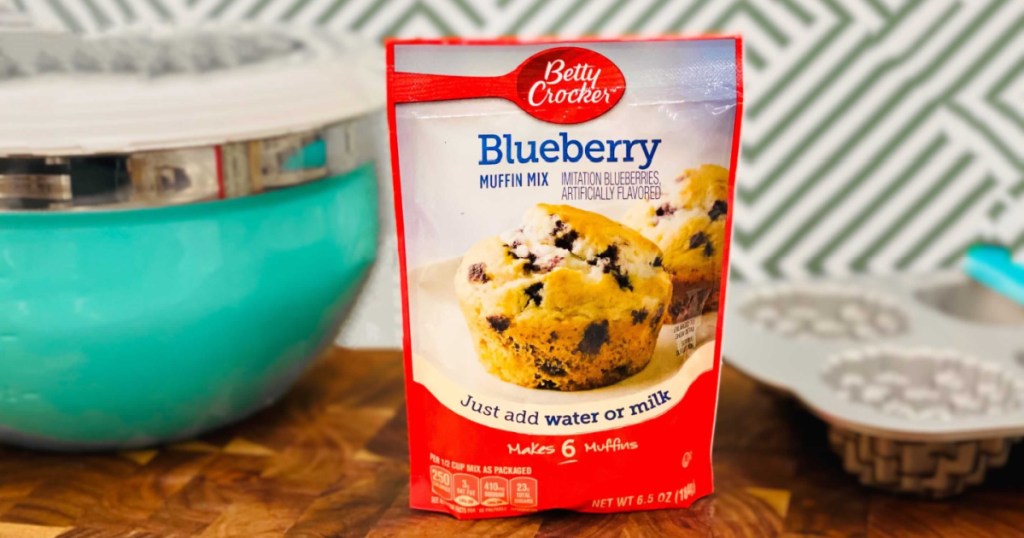 Betty Crocker Blueberry Muffins next to mixing bowl