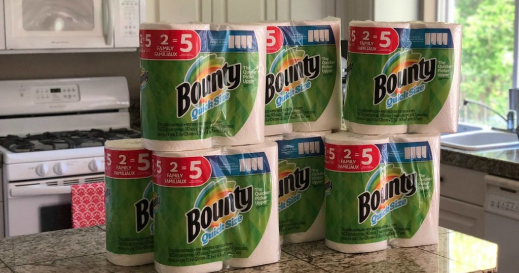packages of Bounty paper towels on a counter