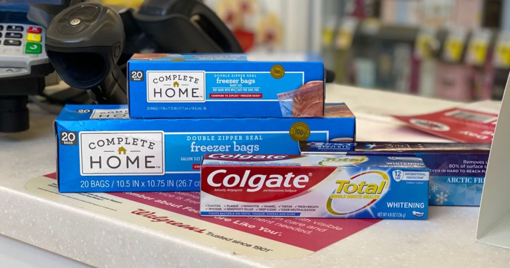 sandwich bags and toothpaste on shelf