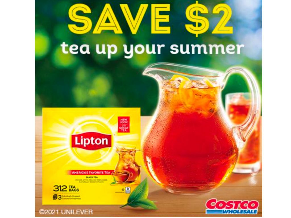 Banner advertising $2 savings on Lipton tea at Costco