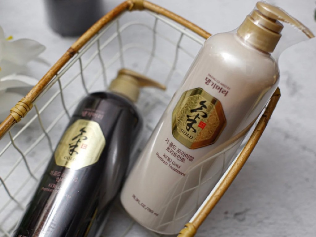 two bottles of Korean hair care in basket on counter