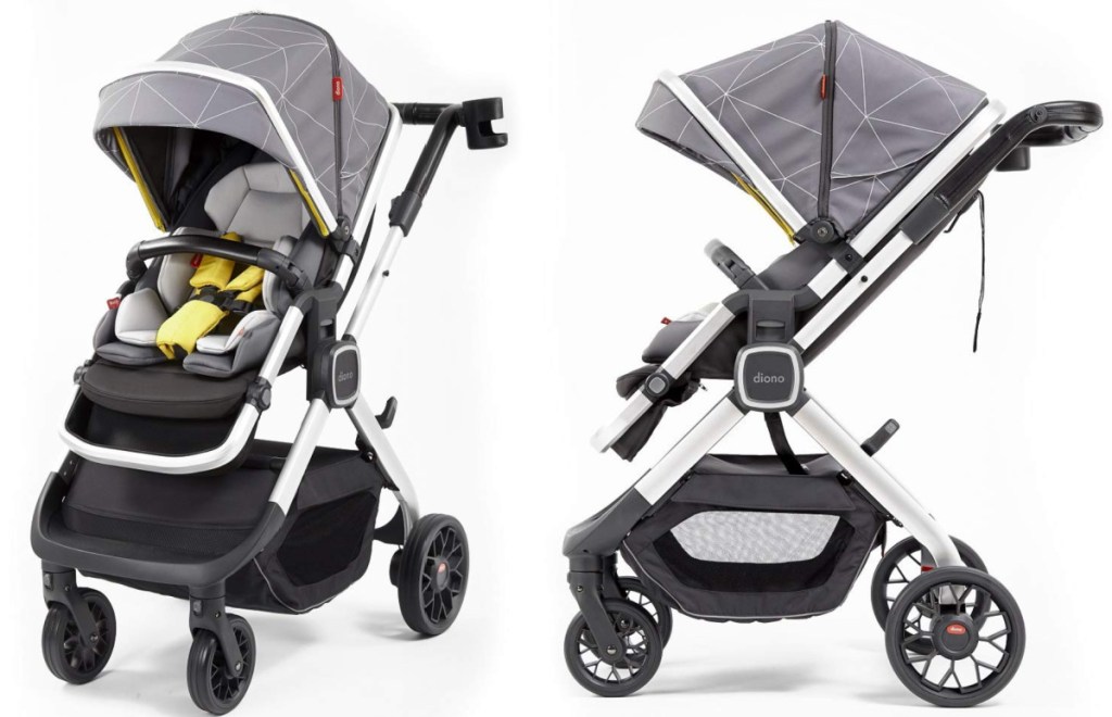 front and side view of diono grey quantum stroller