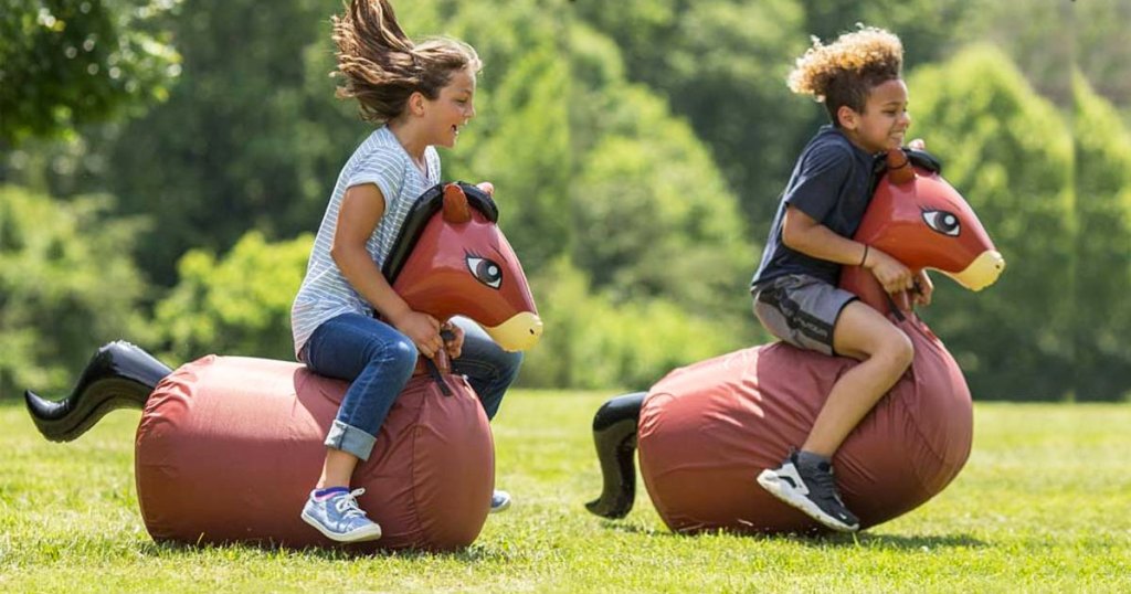 two kids on brown horse inflatable toys