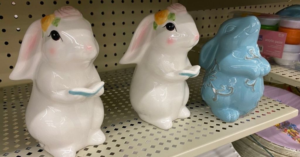 3 Hobby Lobby Easter Ceramic Bunnies on shelf