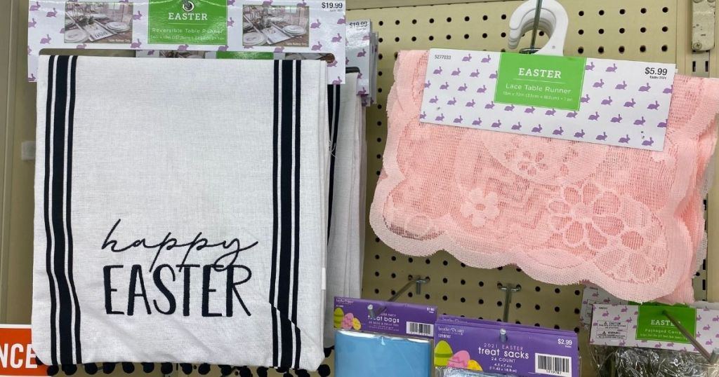 2 Hobby Lobby Easter Table Runners hanging in store