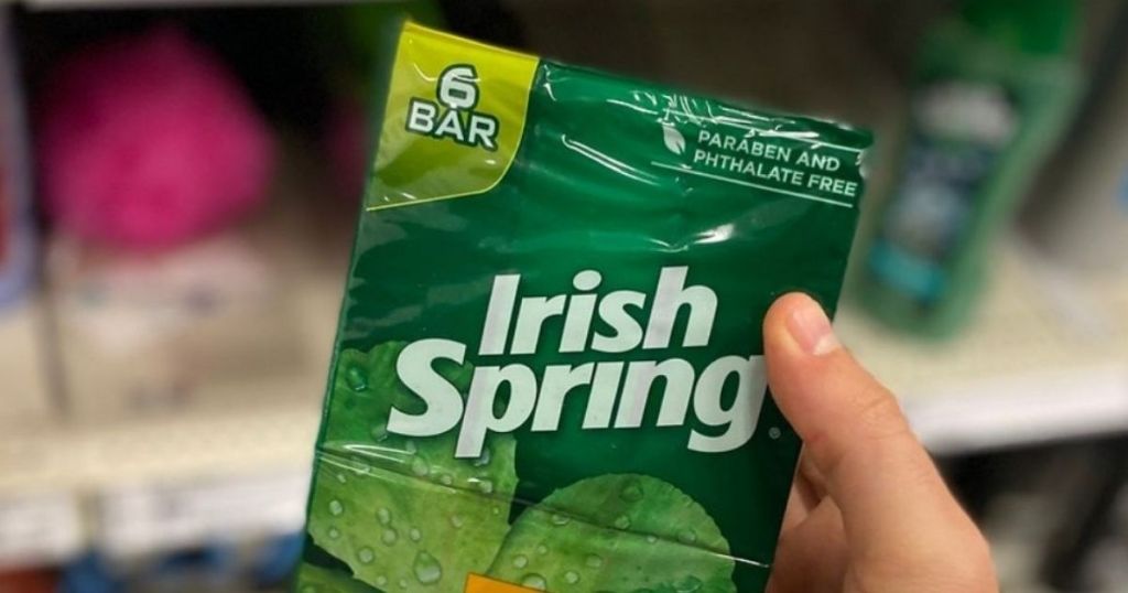 hand holding a package of Irish Spring Bar Soaps