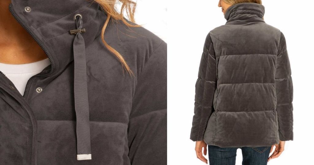 closeup and back view of Isaac Mizrahi Velvet Puffer Jacket in gray