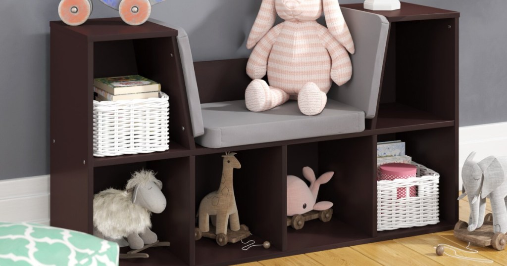 brown bookcase and reading nook in kids' room