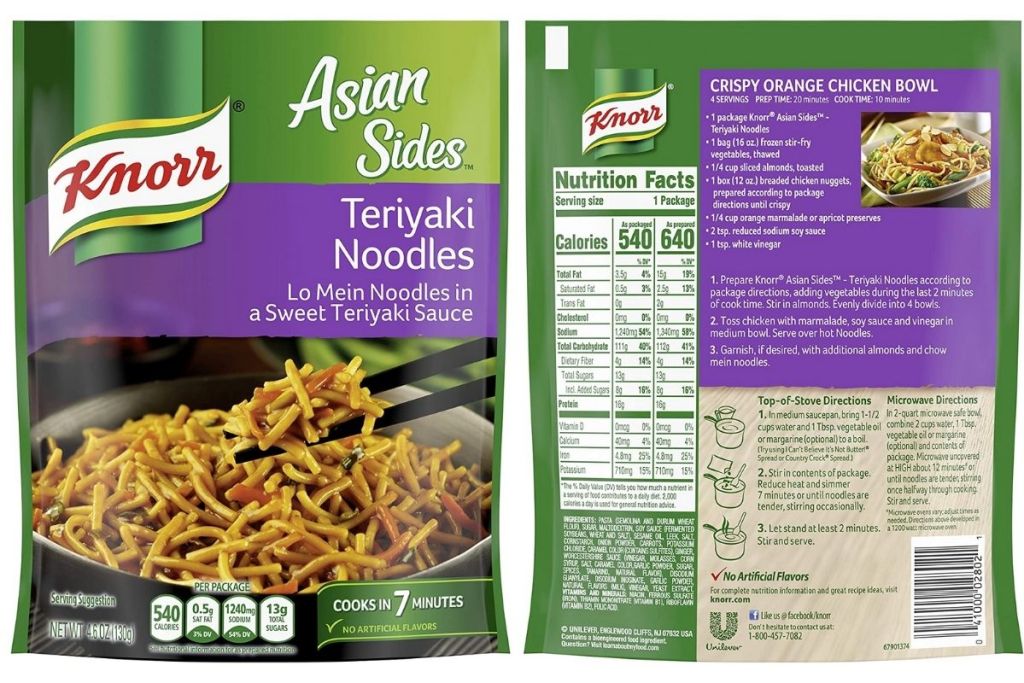 front and back of Knorr Asian Sides Teriyaki Noodles Pasta package