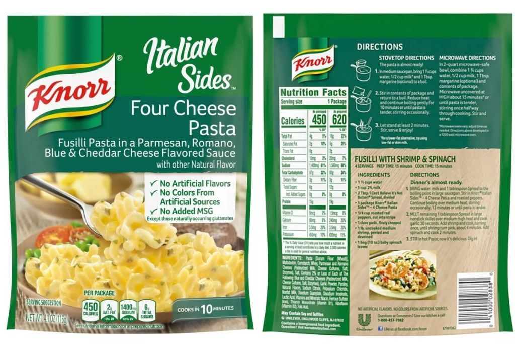 front and back of Knorr Italian Sides Four Cheese Pasta package