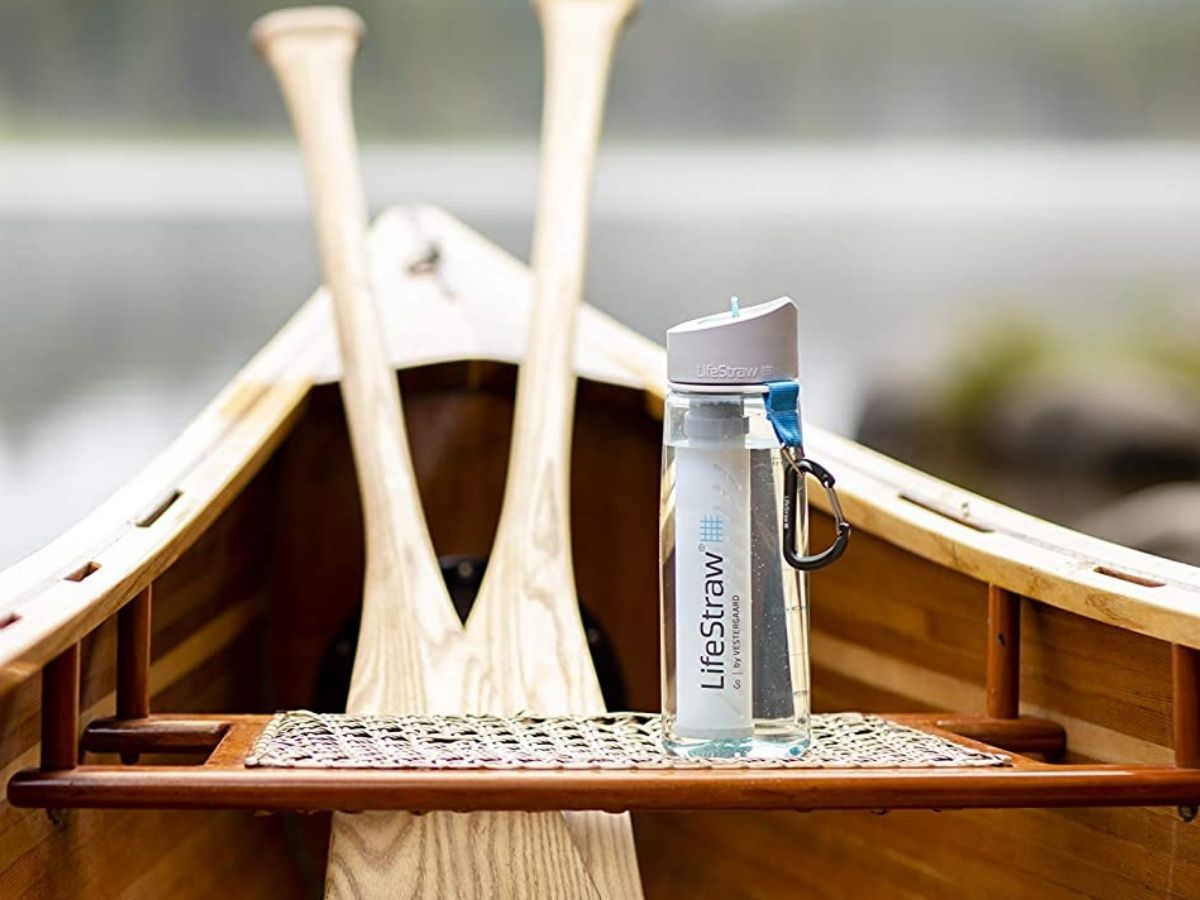 Lifestraw water bottle in canoe