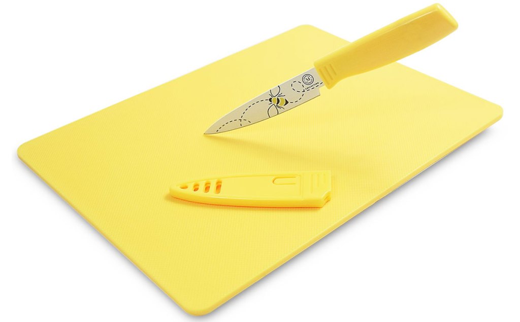 yellow cutting board with matching knife