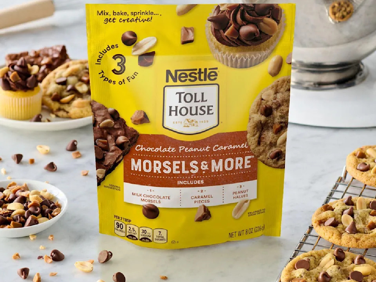 bag of nestle toll house chocolate peanut caramel morsels and more