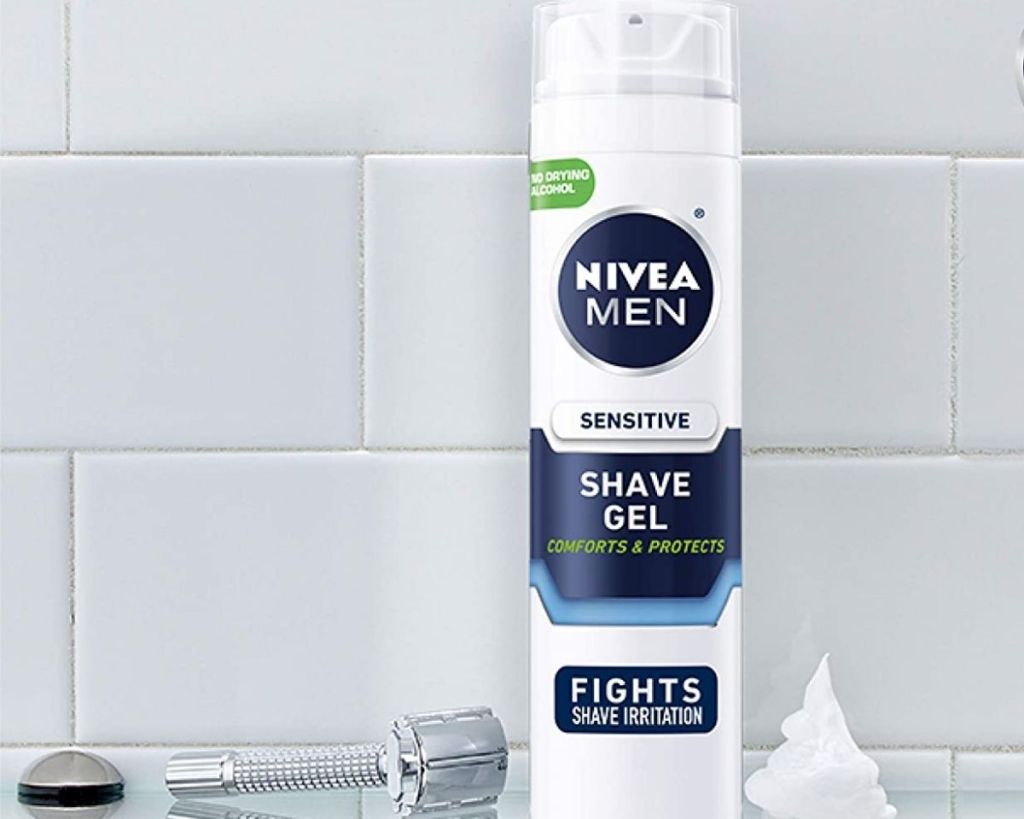 Nivea Men Sensitive Shave Gel in shower with razor