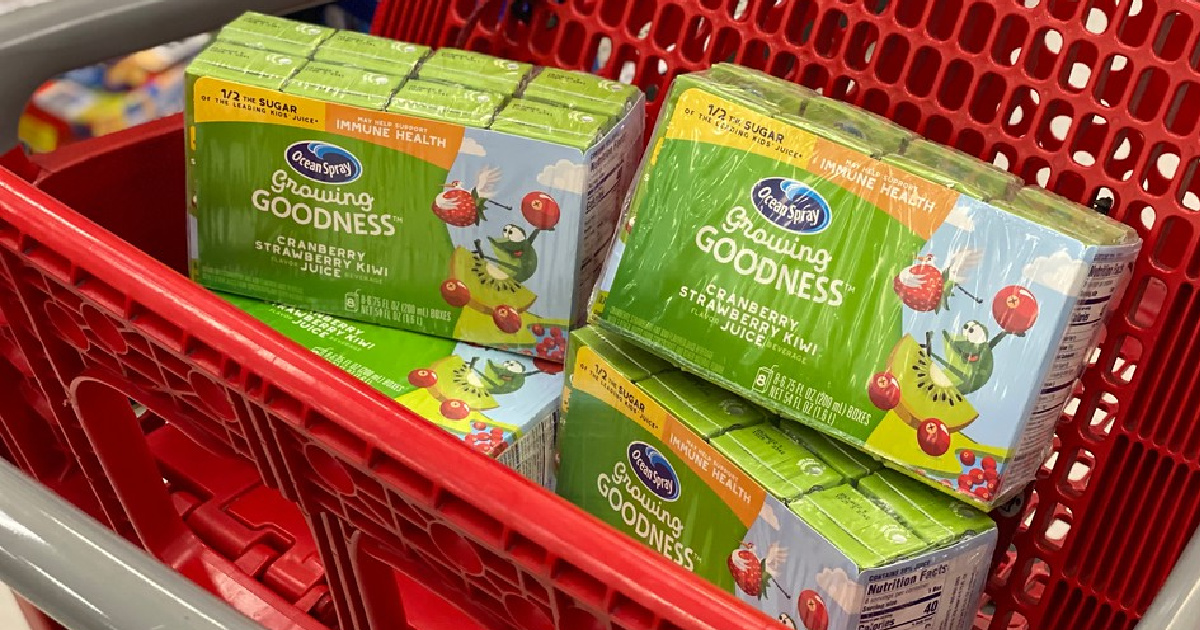 packs of fruit juice boxes in a target shopping cart