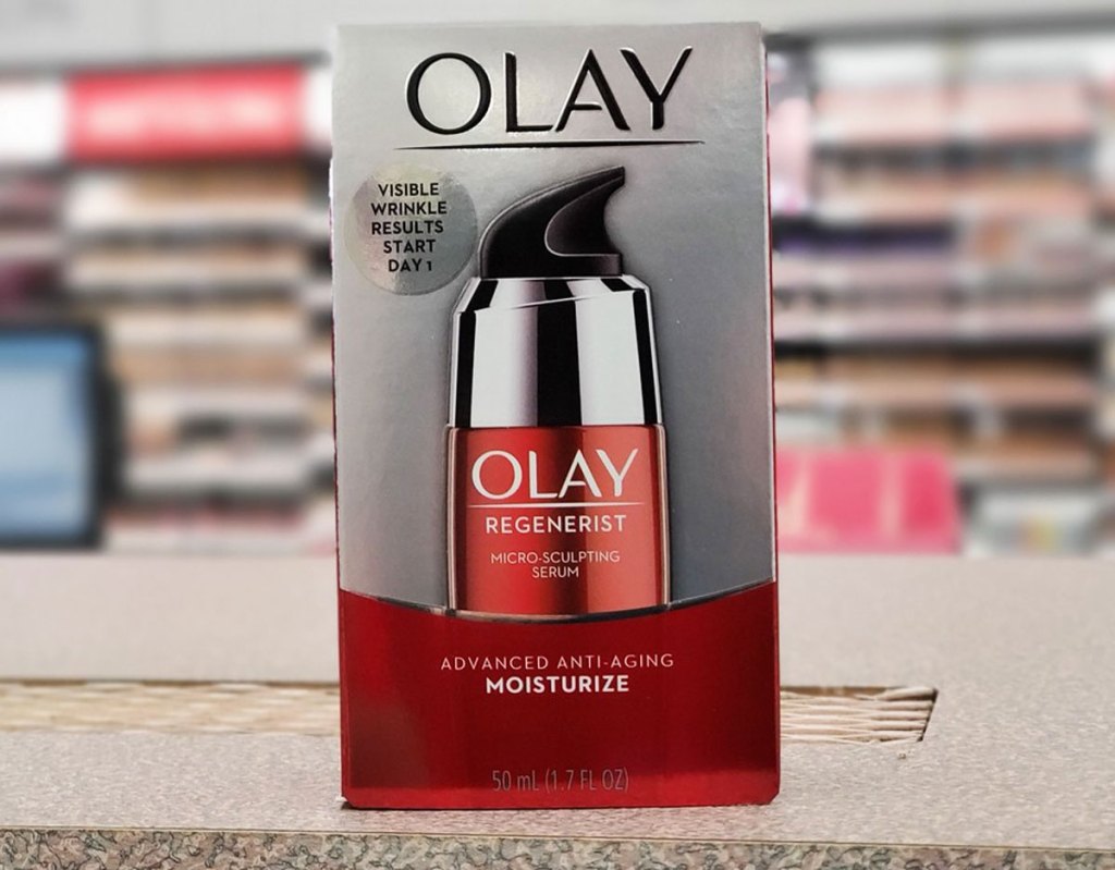 box of olay serum on store counter