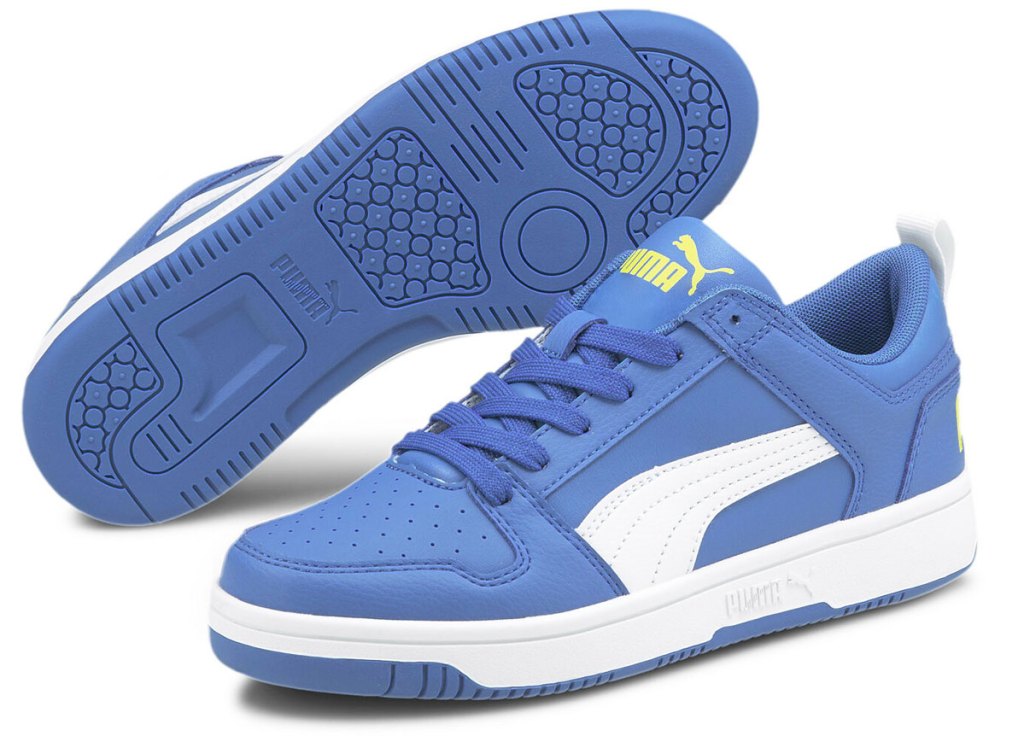 pair of blue and white boys puma sneakers