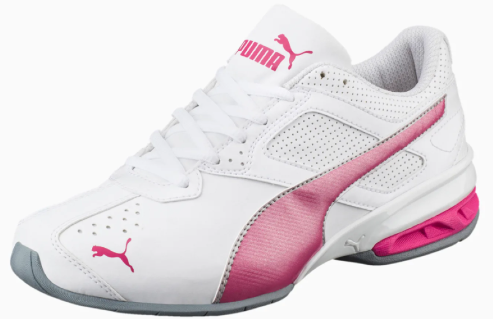 white and pink PUMA shoe