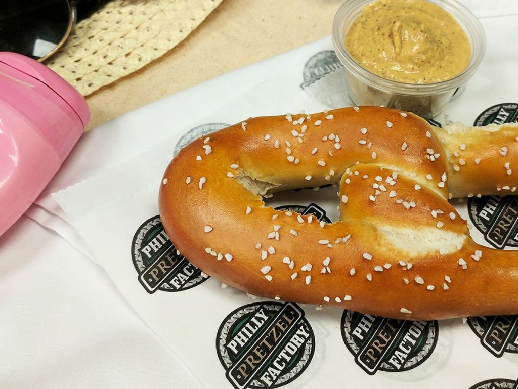 soft baked pretzel on Philly Pretzel Factory paper