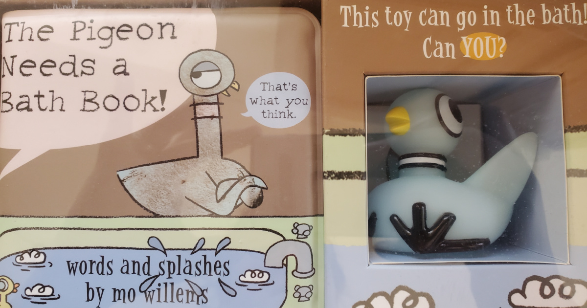 Pigeon themed Mo Willems book with bath toy