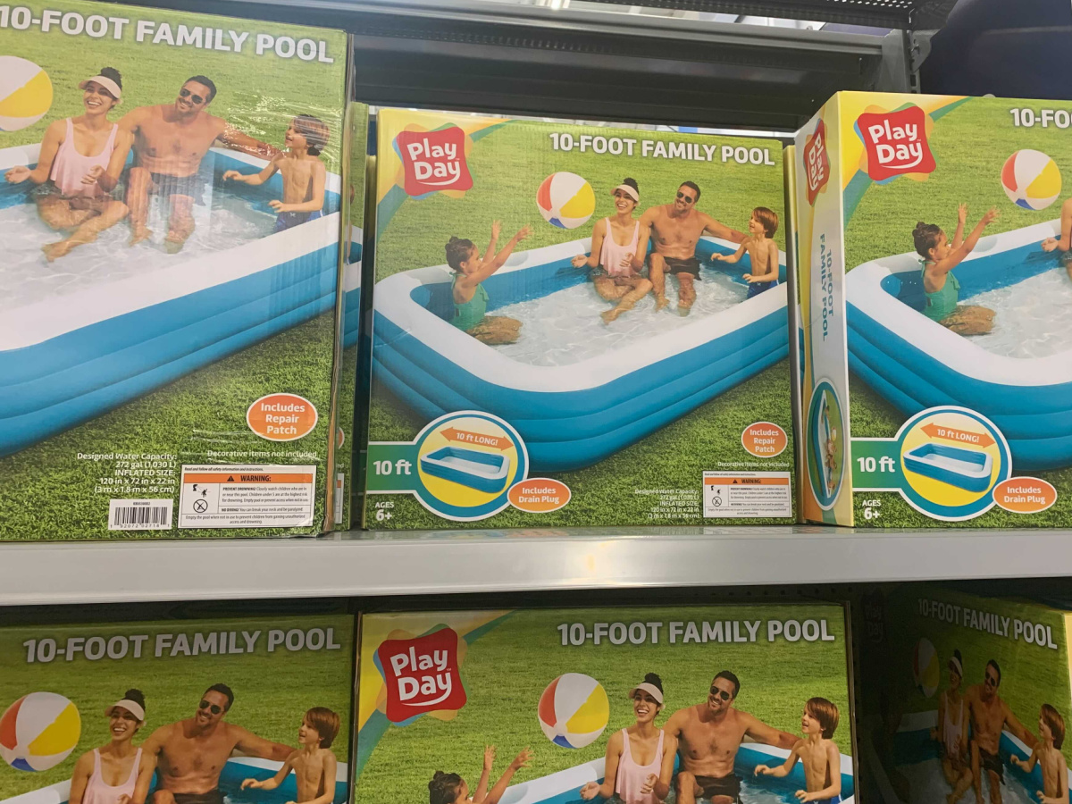 inflatable pools in packaging on a store shelf