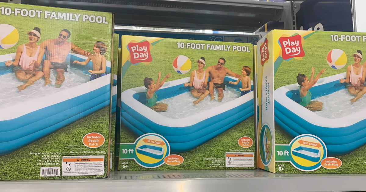 three packages of inflatable pools lined up