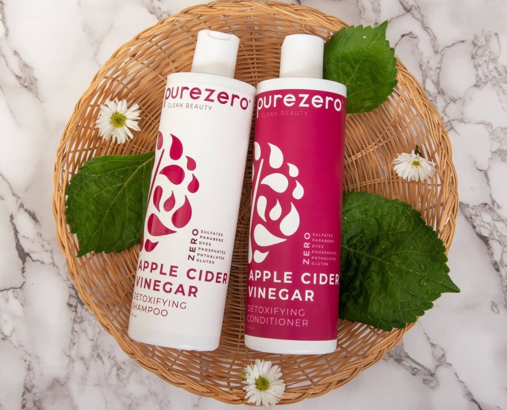 Purezero shampoo and conditioner in a basket