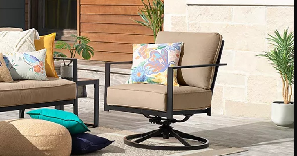 outdoor chair with colorful throw pillow