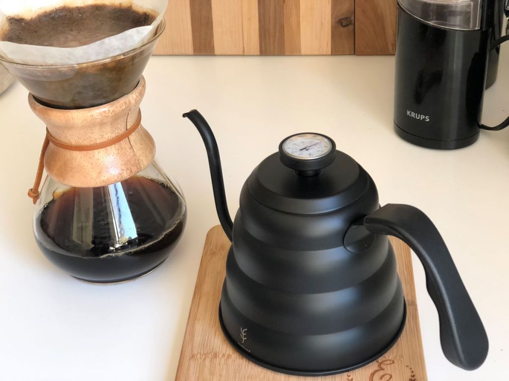 tea kettle next to a pour over coffee maker