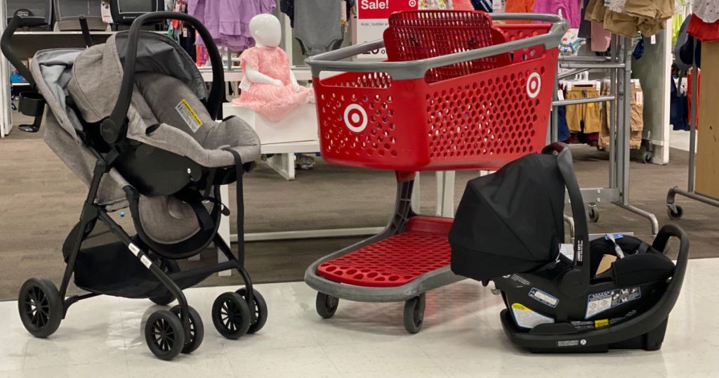 stroller and car seat by shopping cart
