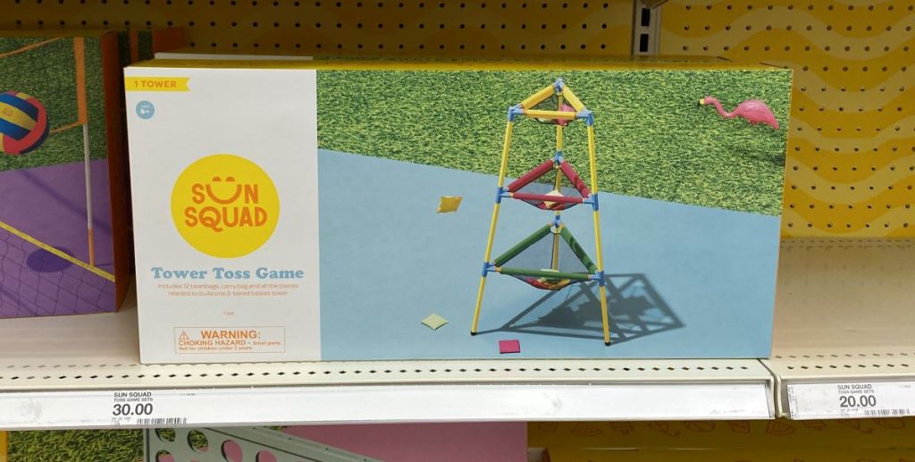 Sun Squad Tower Toss game on a shelf
