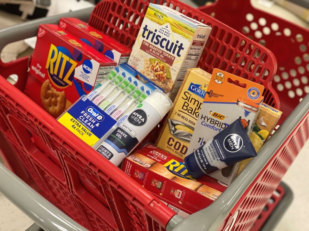 Target cart with groceries in it