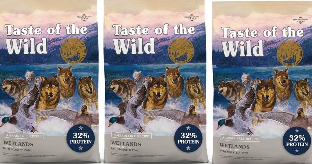 three bags of Taste of the Wild dog food