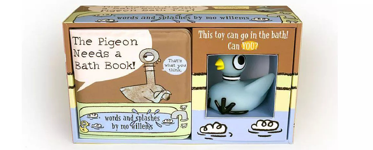 Pigeon themed Mo Willems book with bath toy in package