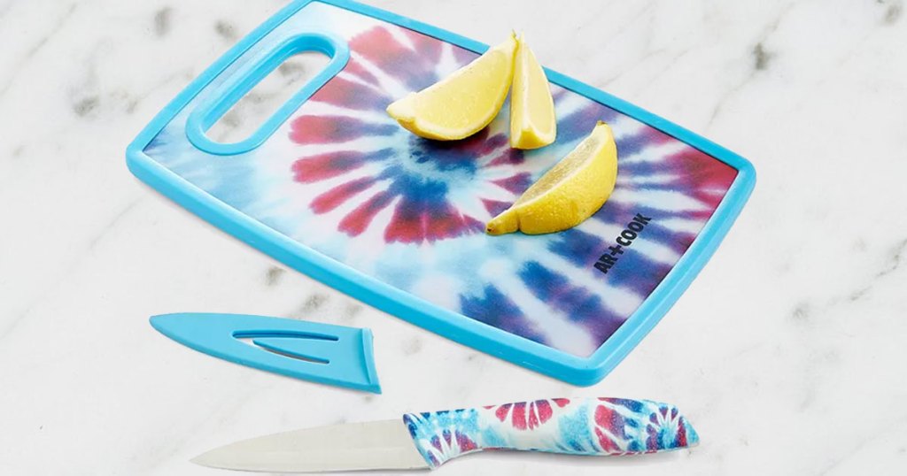 blue tie dye cutting board and matching knife